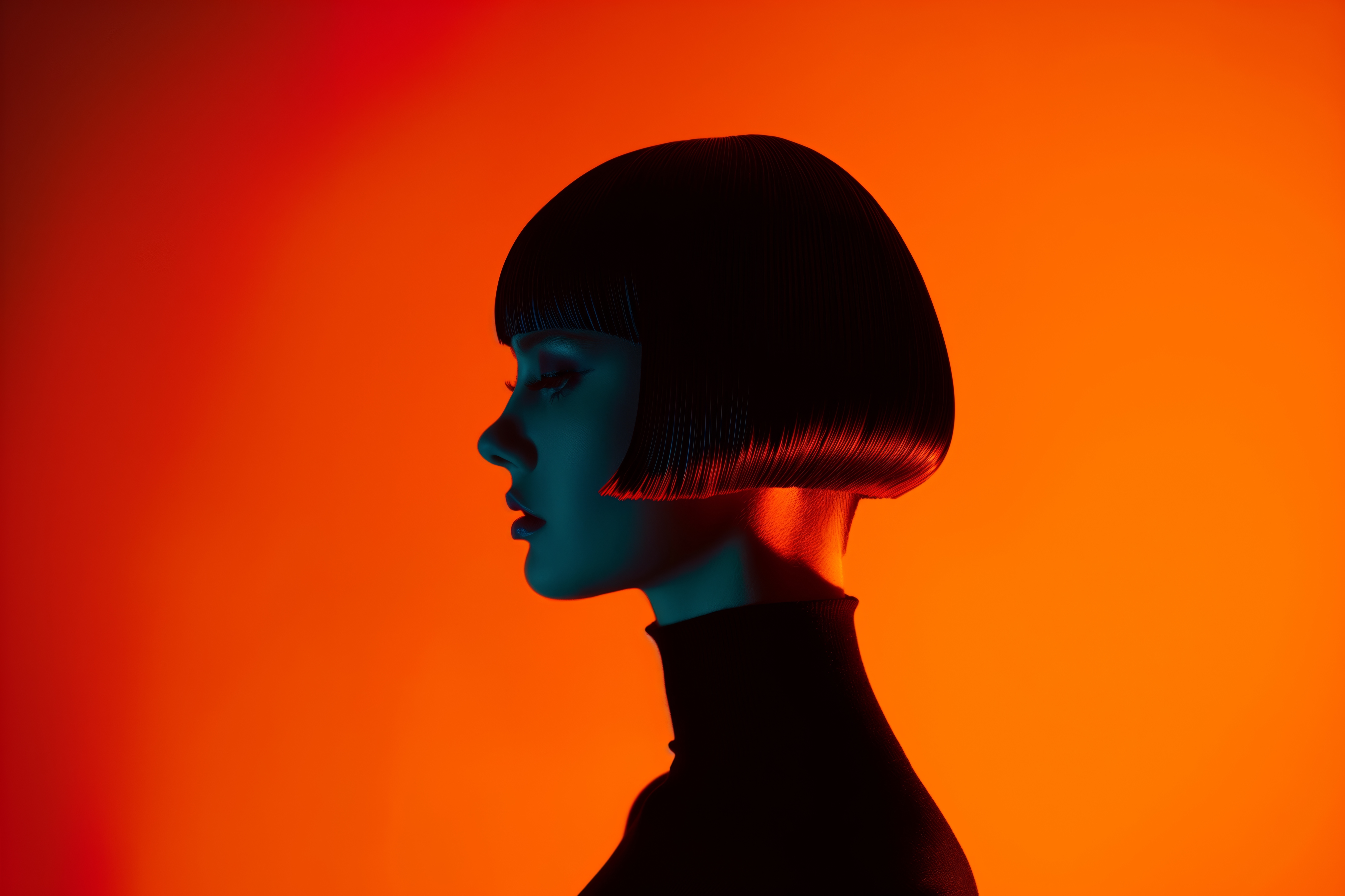Artistic portrait with red and blue lighting creating a dramatic effect